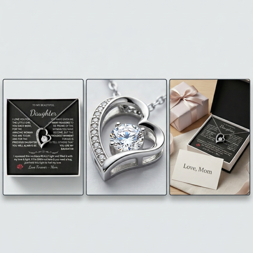 Heart-shaped diamond necklace with sentimental card and gift box on a light gray background