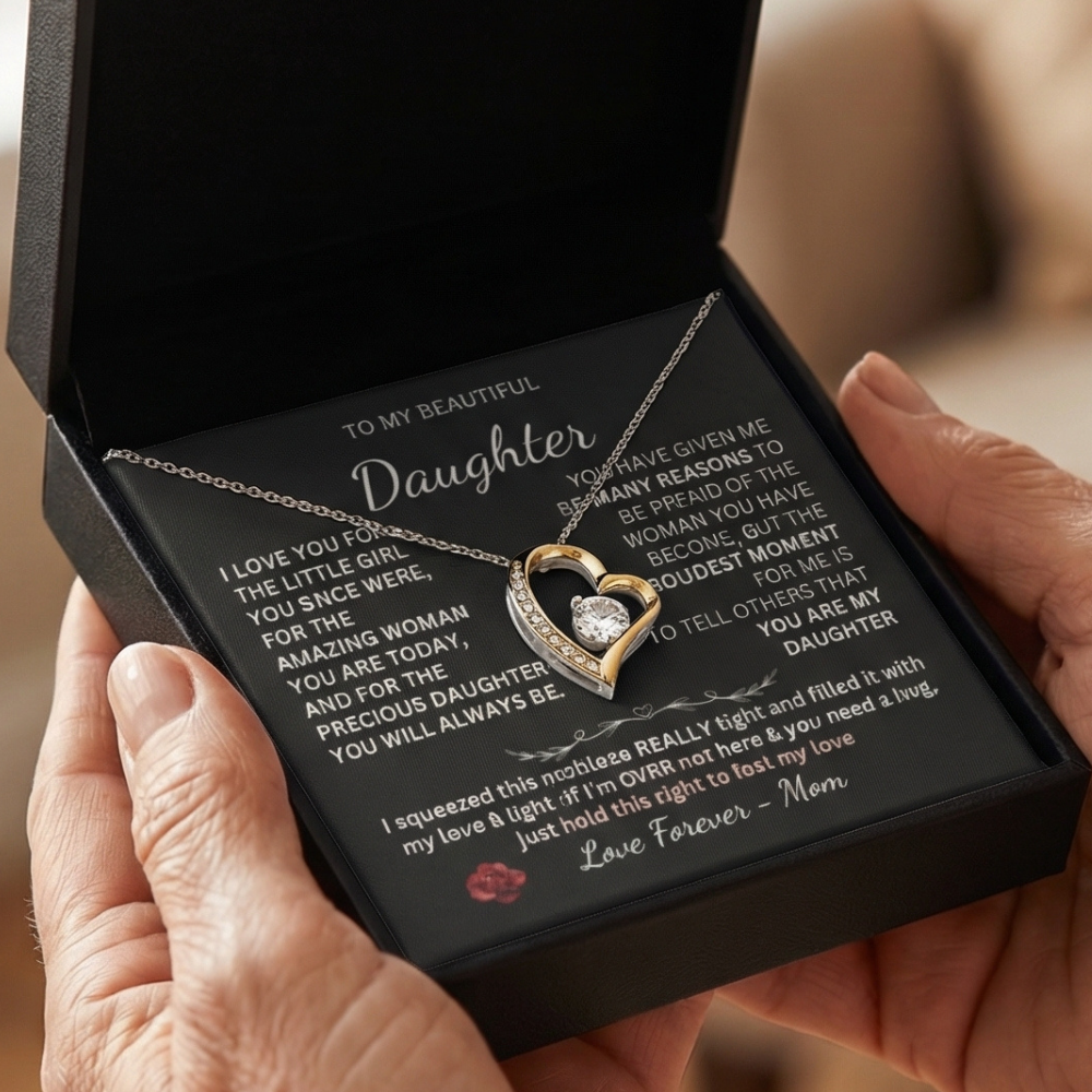 Mom holding open gift box with To My Beautiful Daughter heart necklace and message card