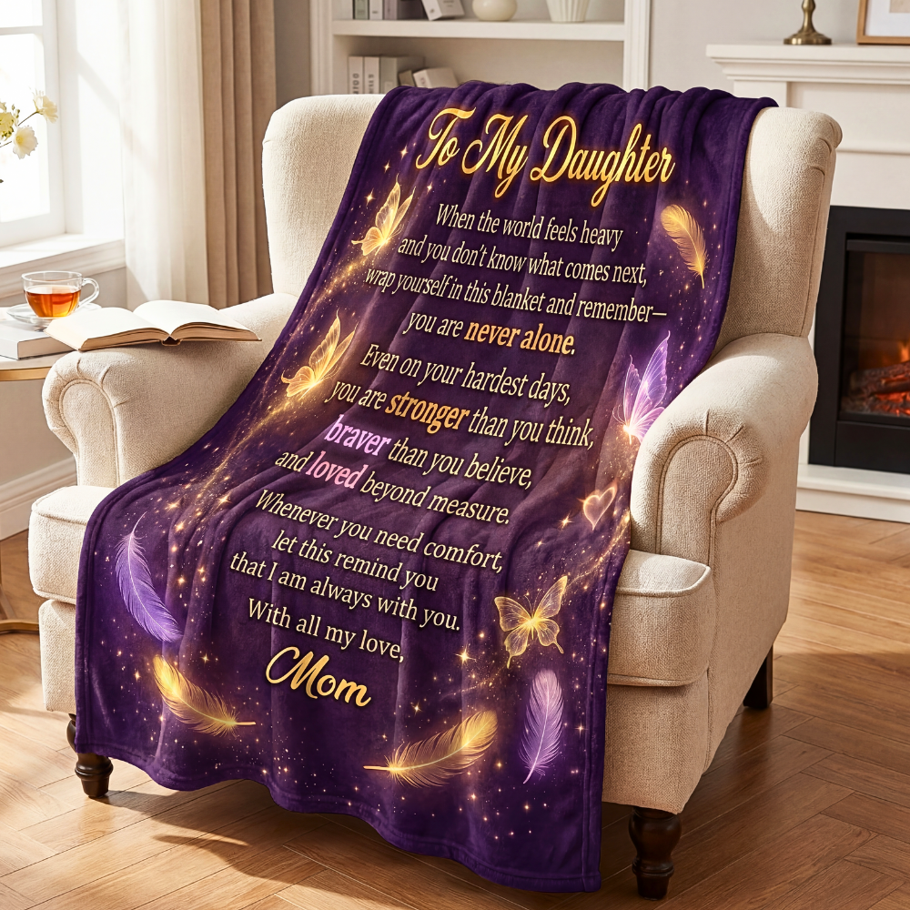 Purple “To My Daughter” blanket draped over an armchair in a cozy living room with warm lighting.