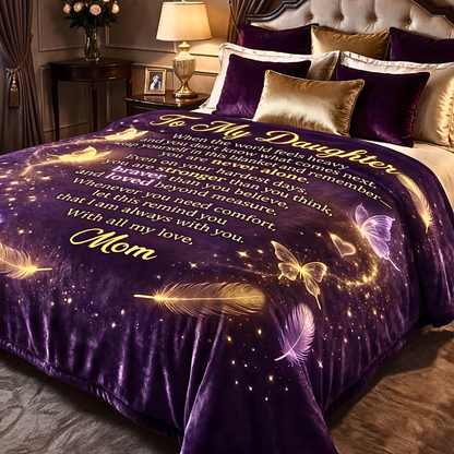 Purple and gold “To My Daughter” fleece blanket displayed on a bed in a luxury bedroom setting.