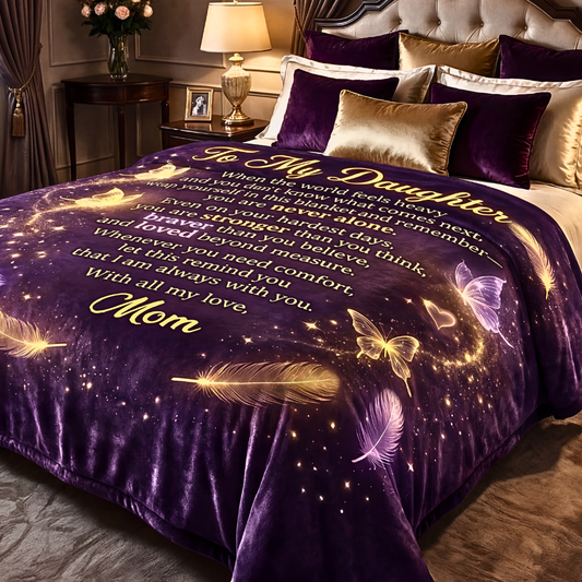 Purple and gold “To My Daughter” fleece blanket displayed on a bed in a luxury bedroom setting.