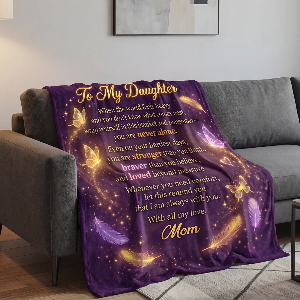 Purple fleece blanket with heartfelt message displayed on a modern gray couch in a living room.