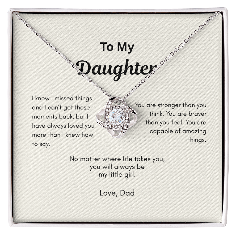 To My Daughter Love Knot necklace gift from Dad displayed in white gift box with heartfelt message card