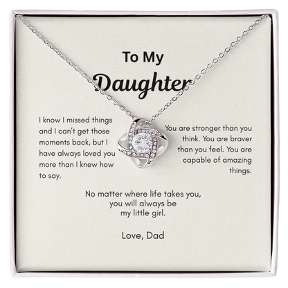 To My Daughter Love Knot necklace gift from Dad displayed in white gift box with heartfelt message card