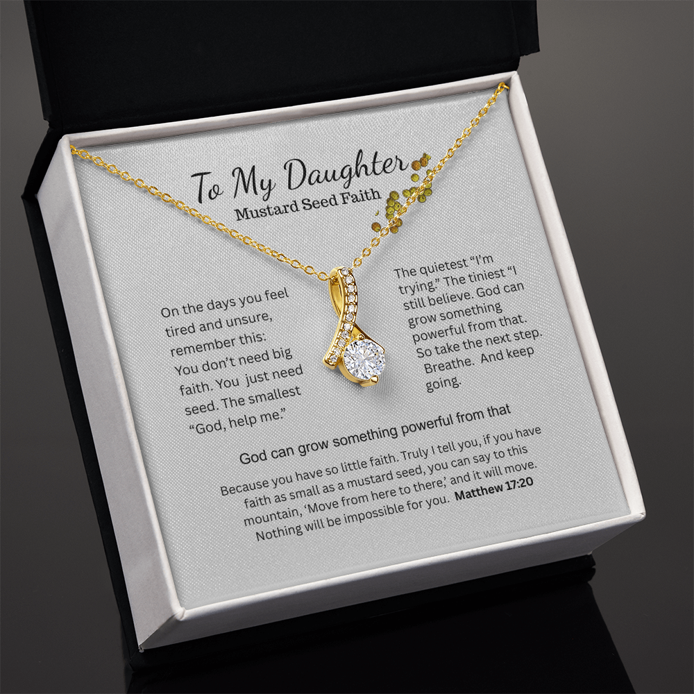 To My Daughter Mustard Seed Faith message card with Alluring Beauty gold necklace in black gift box, Matthew 17:20 verse