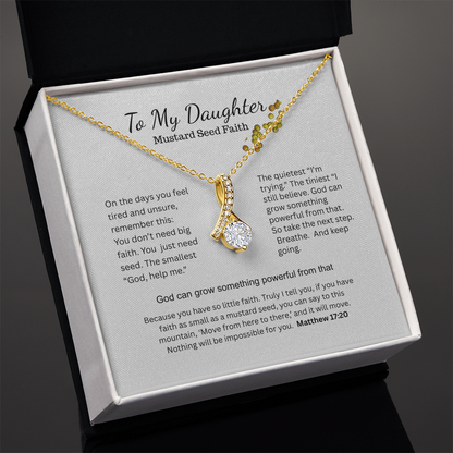 To My Daughter Mustard Seed Faith message card with Alluring Beauty gold necklace in black gift box, Matthew 17:20 verse