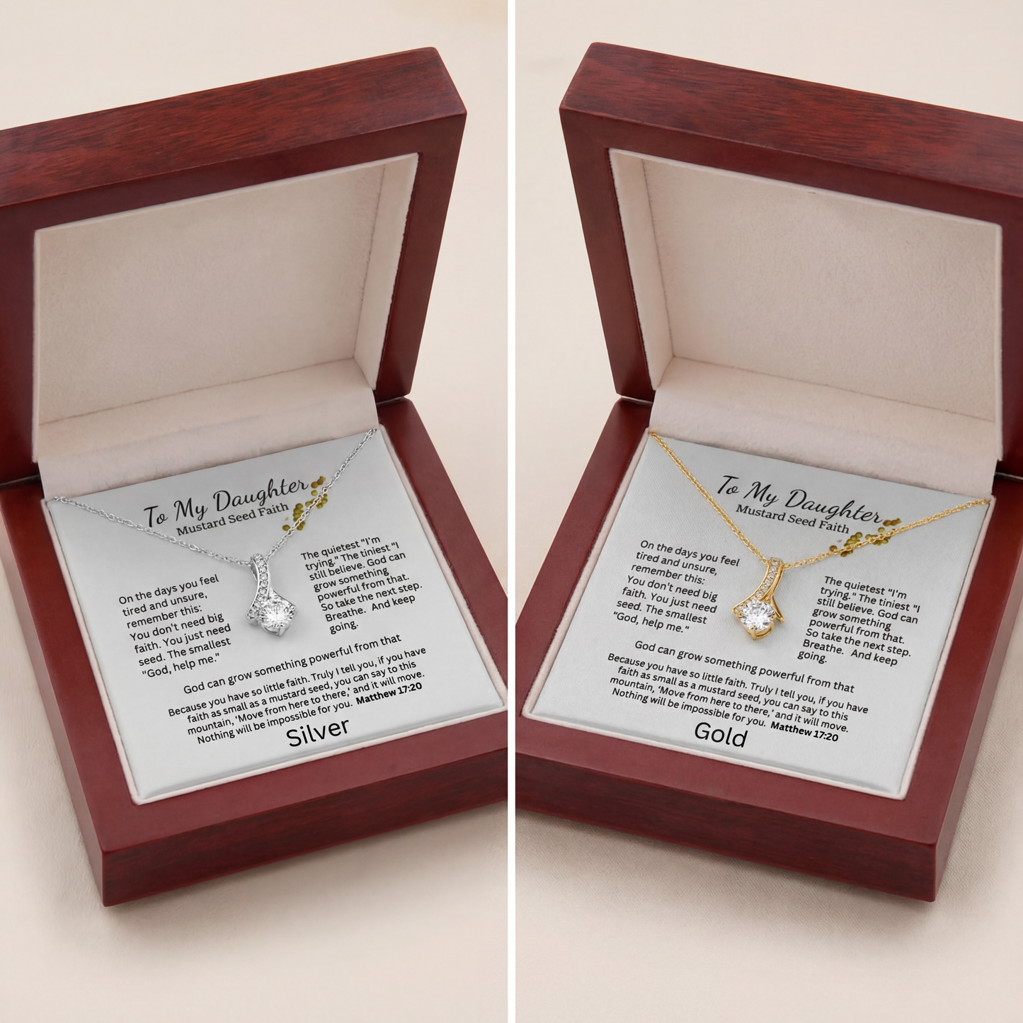Two open necklace gift boxes showing the Mustard Seed Faith message card and pendant options