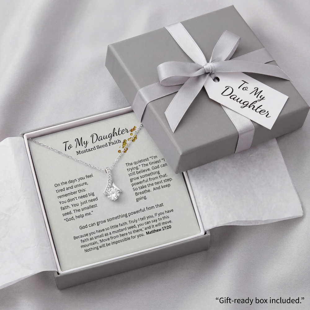Wrapped gift box with Mustard Seed Faith necklace and message card, ready to give
