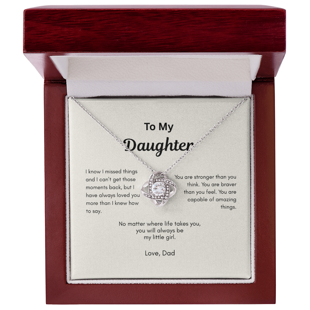 Daughter necklace gift from Dad displayed in mahogany-style gift box with message card