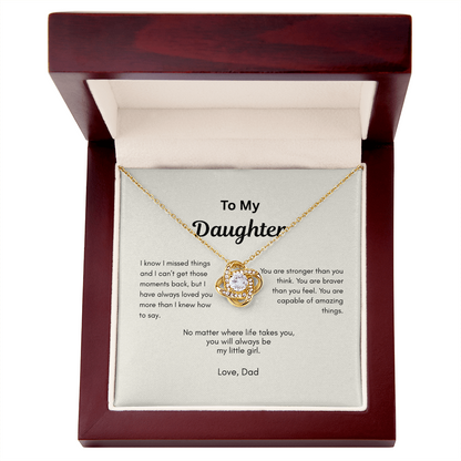 To My Daughter gold Love Knot necklace gift from Dad displayed with emotional message card