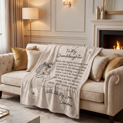 To My Granddaughter blanket from Grandma draped on a couch in a cozy living room.