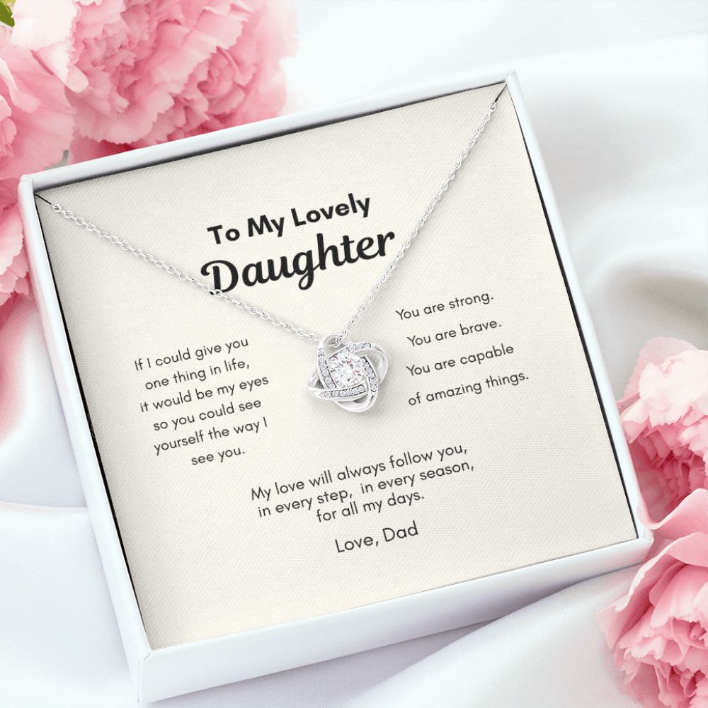 Love knot necklace gift from dad to daughter with heartfelt message card in gift box