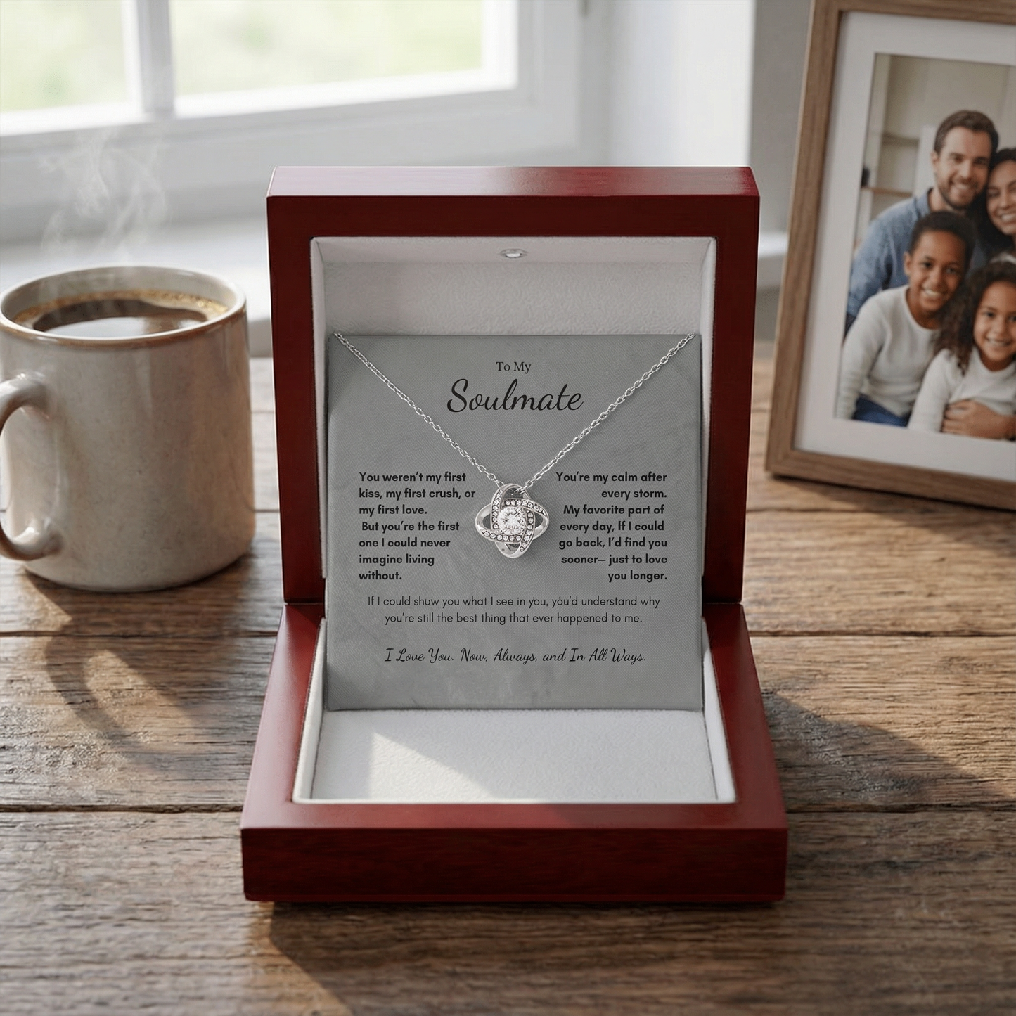 To My Soulmate Always Love Knot necklace displayed in open gift box on table