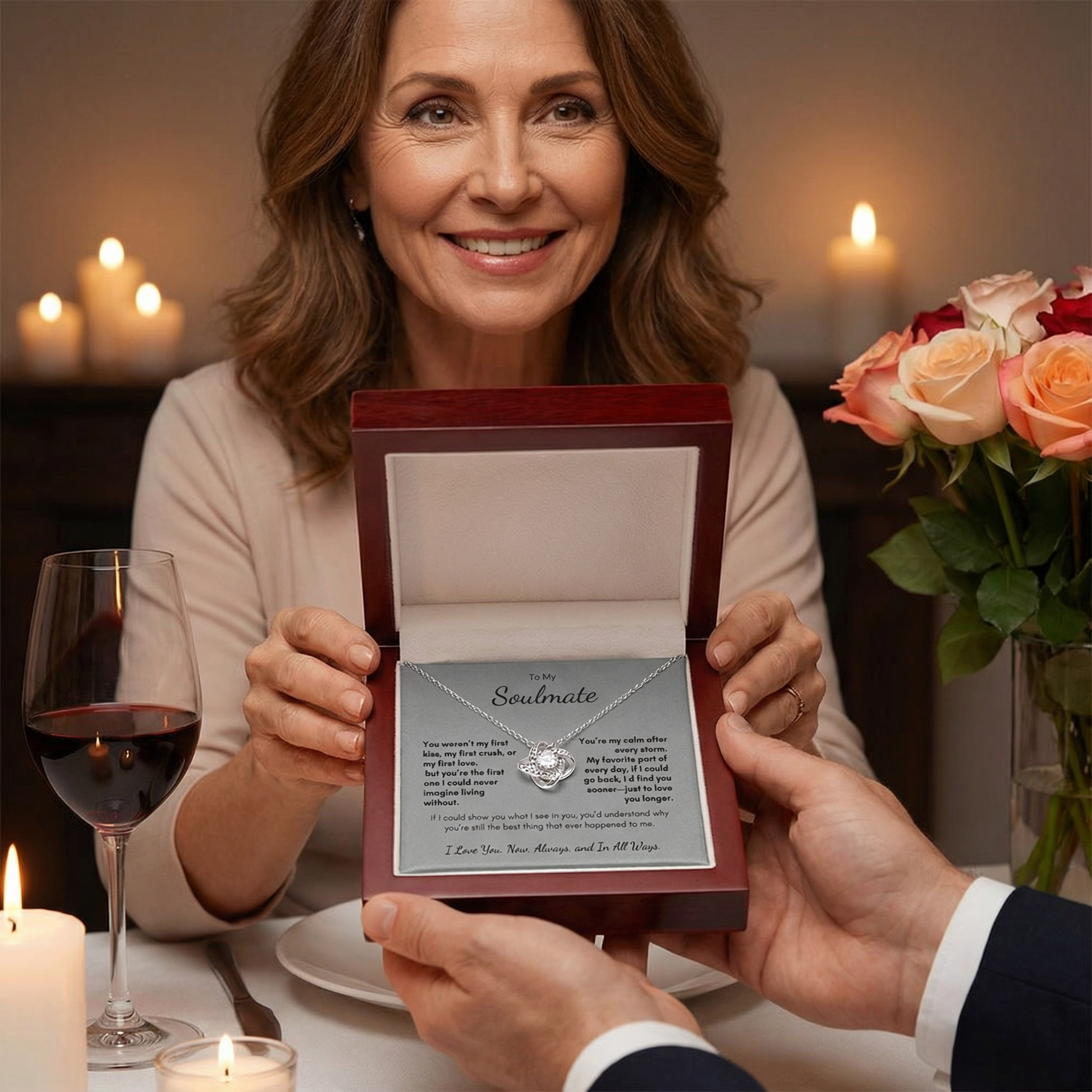 Woman smiling while receiving To My Soulmate Always Love Knot necklace gift