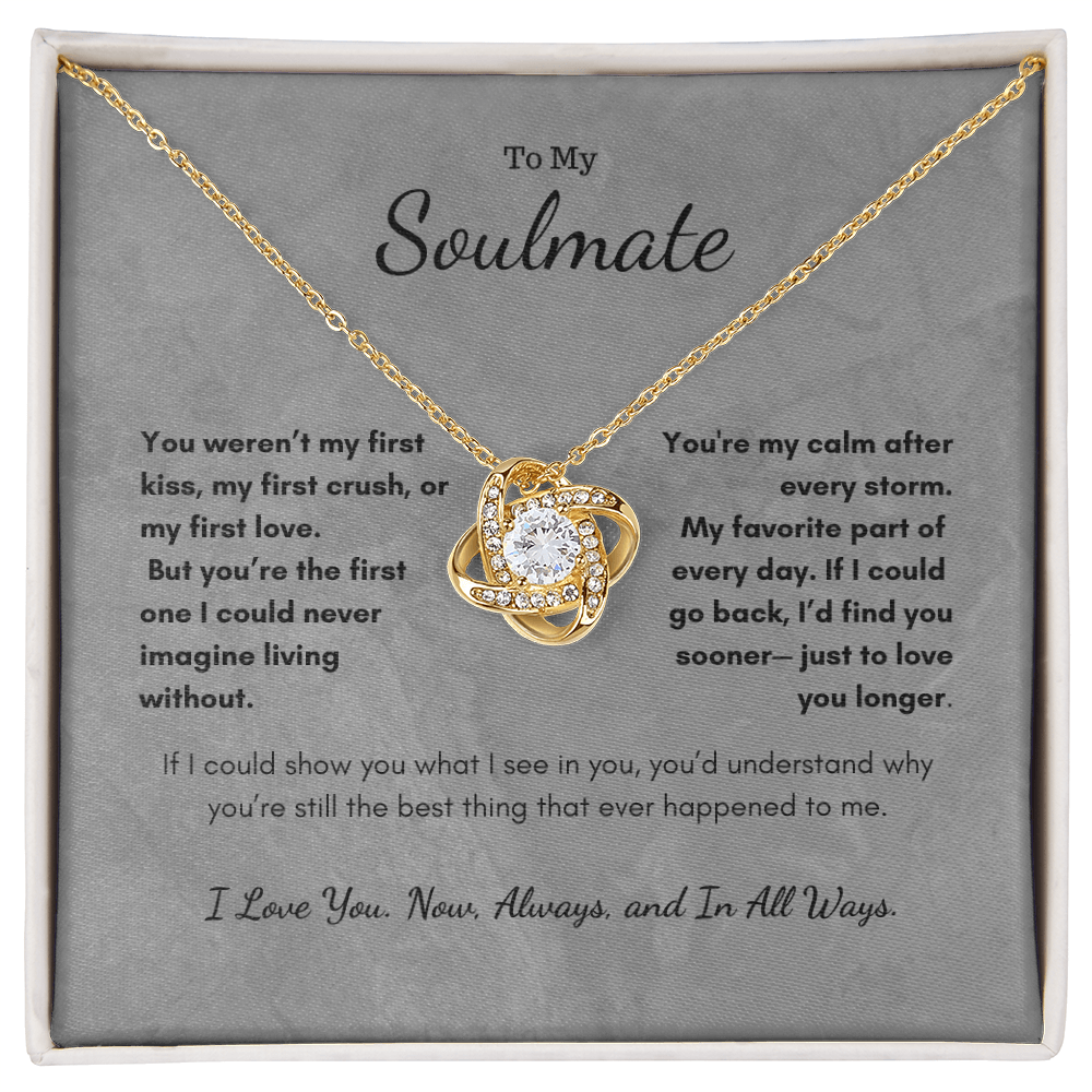 Close-up of To My Soulmate Always Love Knot necklace with heartfelt message card