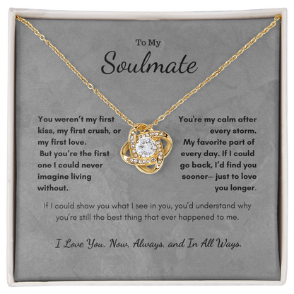 Close-up of To My Soulmate Always Love Knot necklace with heartfelt message card