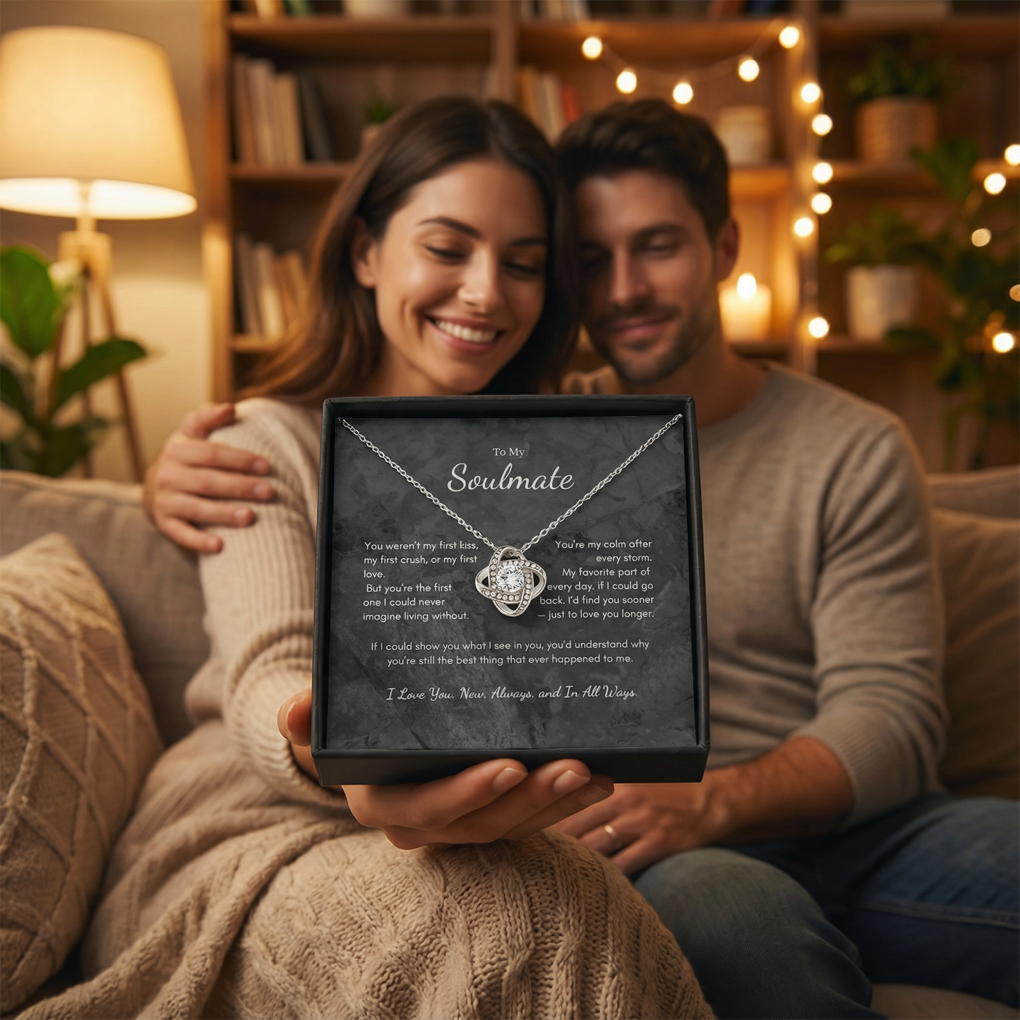 Romantic couple holding To My Soulmate Love Knot necklace gift box