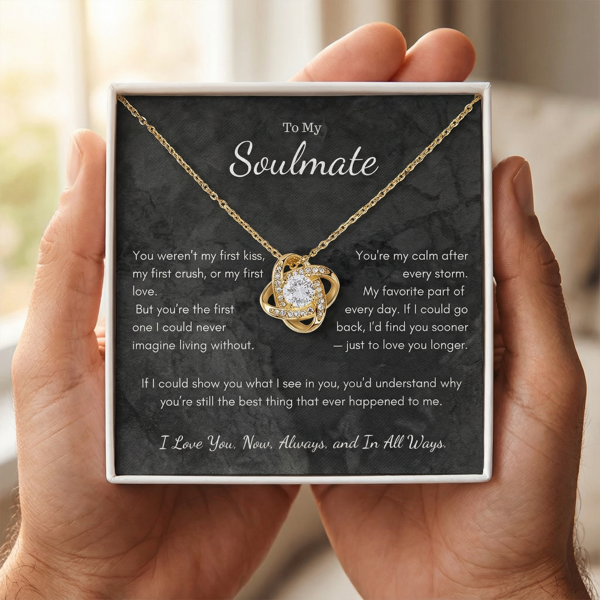 Hand holding To My Soulmate Love Knot necklace gift with message card