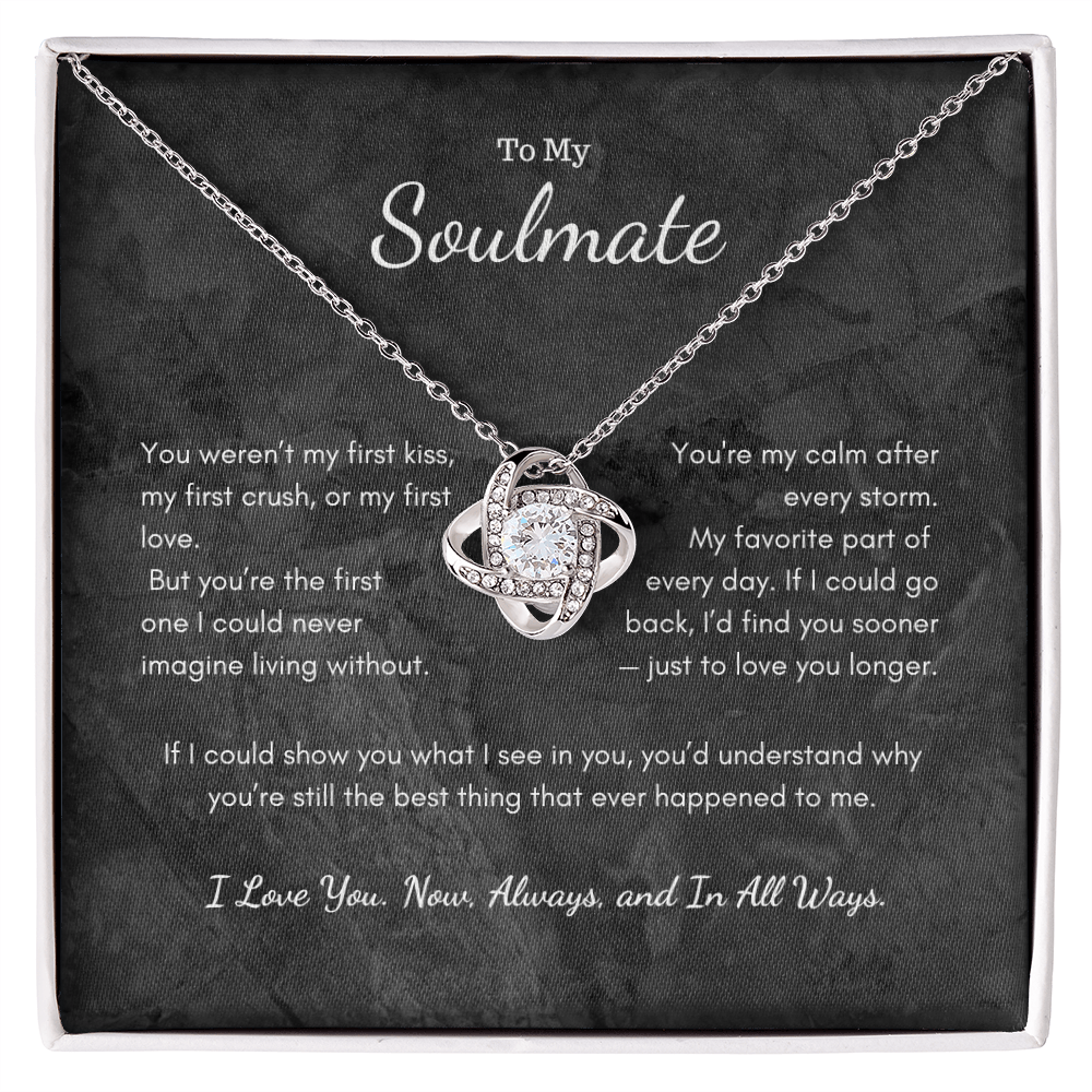Close-up of To My Soulmate Love Knot necklace with heartfelt message card
