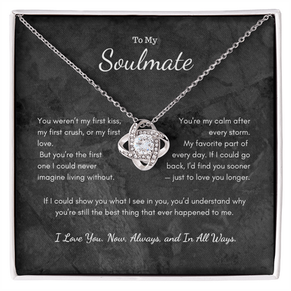 Close-up of To My Soulmate Love Knot necklace with heartfelt message card