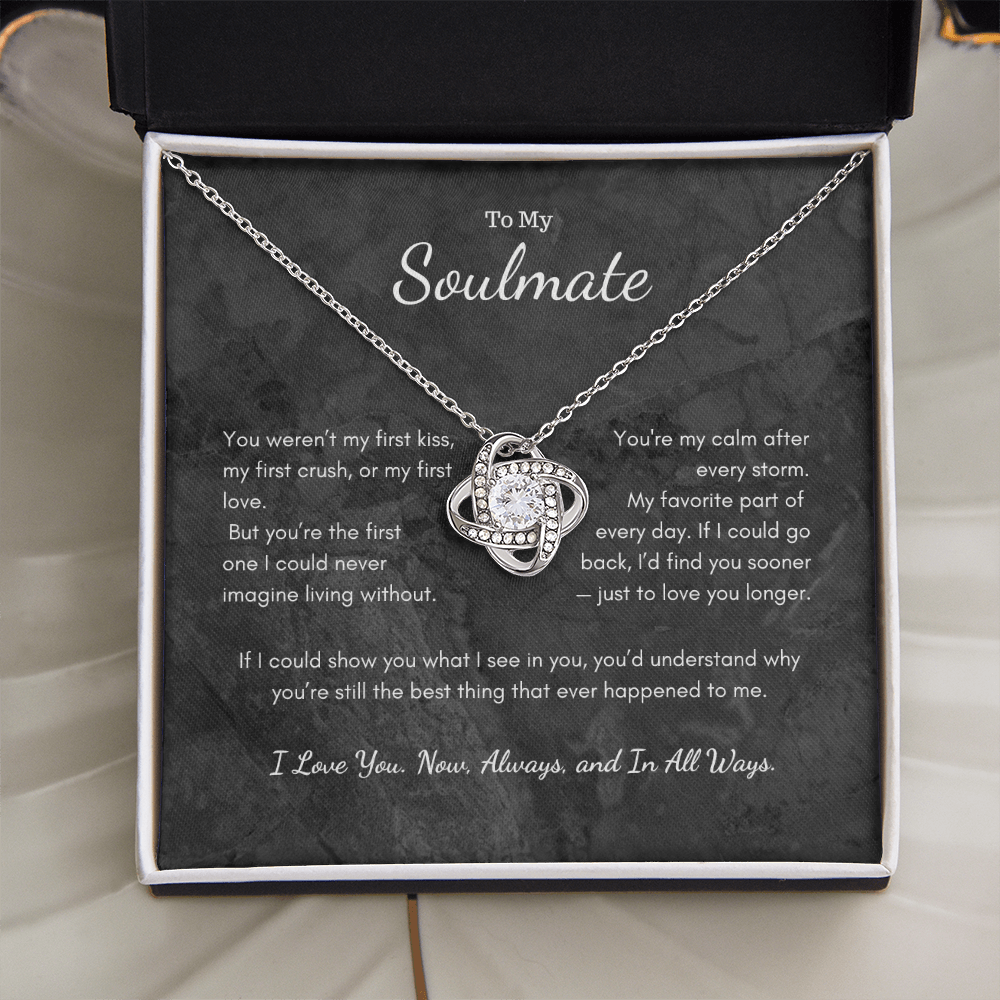 To My Soulmate Love Knot necklace with message card on neutral background