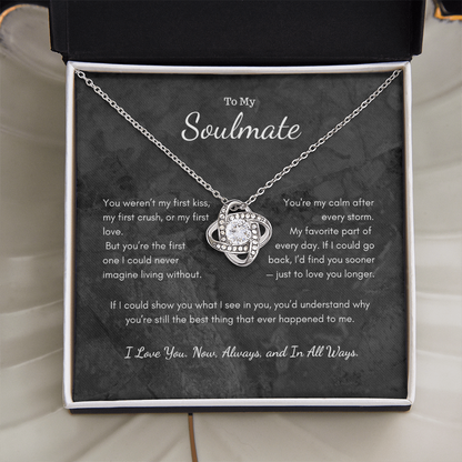 To My Soulmate Love Knot necklace with message card on neutral background