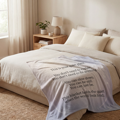 Sensory comfort blanket on a bed with calming message for emotional support and quiet rest